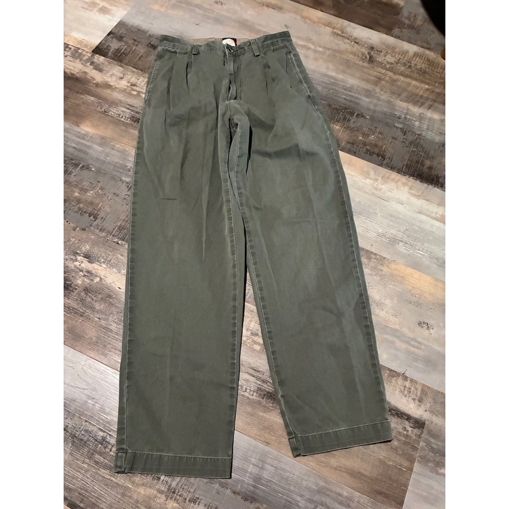 Tommy Hilfiger Mens Vintage Pleated Chino Pants Olive Green 30x32 Cotton Twill